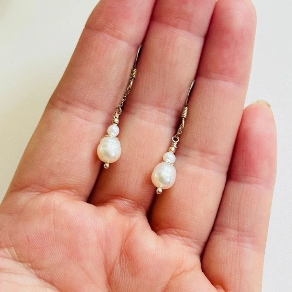 VTG Freshwater Pearl Baroque Earrings BOHO sterling 925 Dangle hook Artisan rare